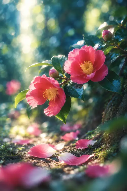 苔へ帰る山茶花の花びら